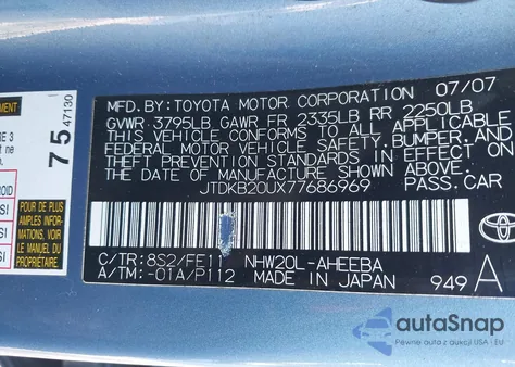 2007 Toyota Prius z USA, uszkodzony, nr VIN JTDKB20UX77686969